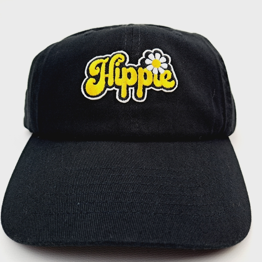 Hippie Flower Embroidered Relaxed Cotton Hat Cap Black Washed Adjusta…